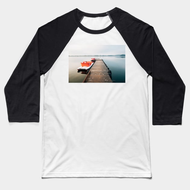 Two Pedal Boats Tied to Wooden Pier in Early Morning Light Baseball T-Shirt by visualspectrum